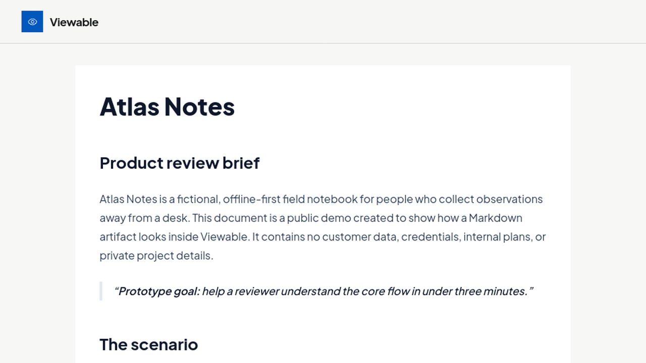 A real Viewable page rendering the fictional Atlas Notes Markdown review